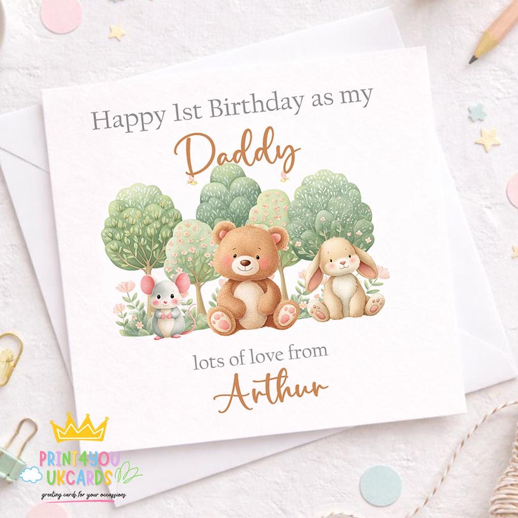 Square personalised first birthday Daddy card with a woodland animal design shown on white card stock.