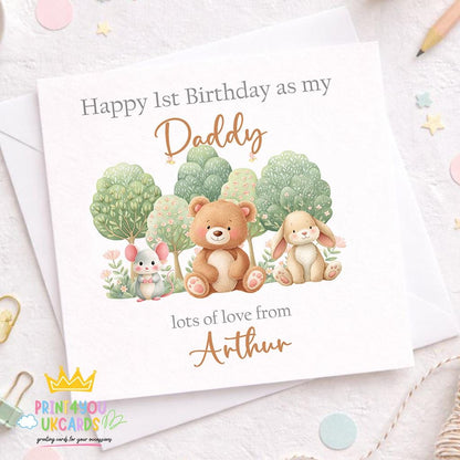 Square personalised first birthday Daddy card with a woodland animal design shown on white card stock.