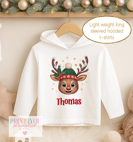 Personalised Christmas hooded t-shirt for boys, white lightweight long sleeved hoodie printed with a cartoon reindeer in a green hat and a name