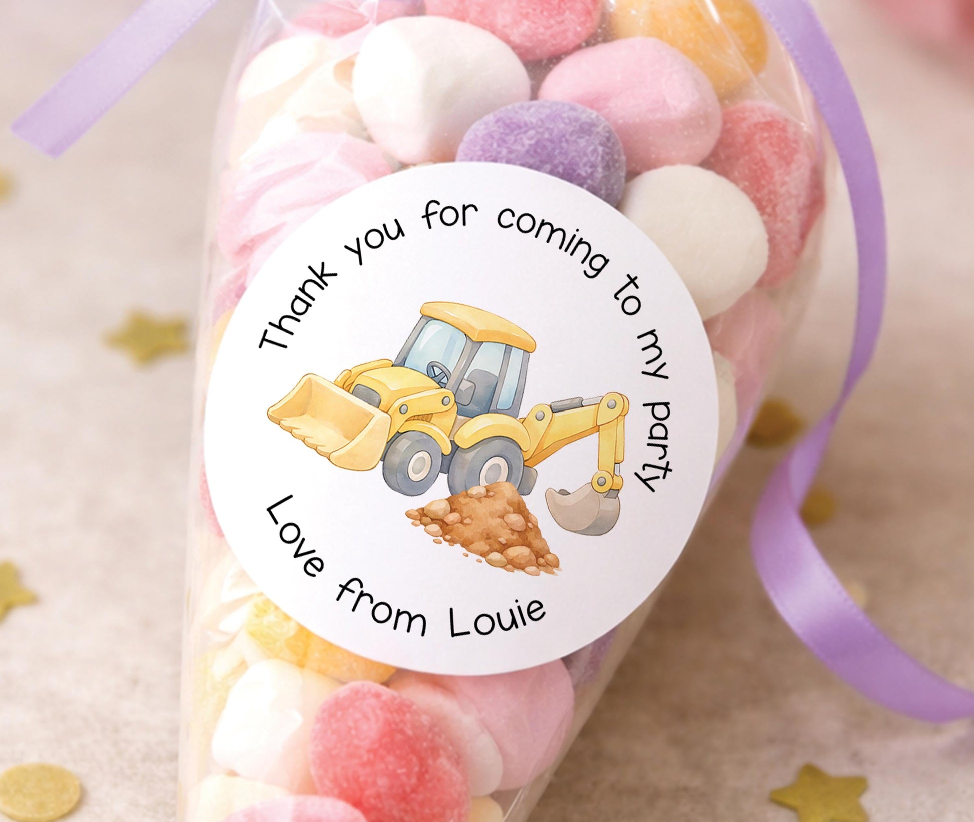 Personalised digger birthday stickers featuring a construction digger design, printed with a child's name for party bags and favours.