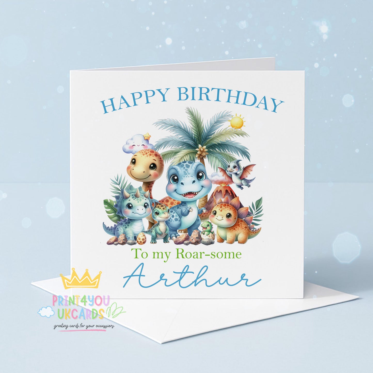 Front view of the personalised dinosaur birthday card showing the vibrant roarsome dino artwork on 350gsm luxury card.