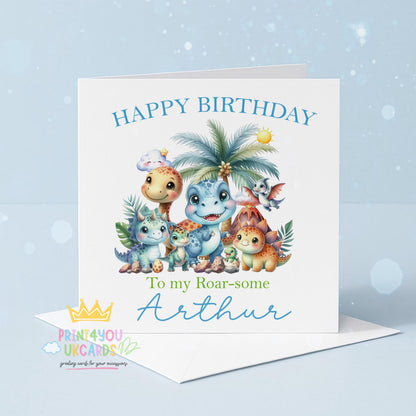 Front view of the personalised dinosaur birthday card showing the vibrant roarsome dino artwork on 350gsm luxury card.