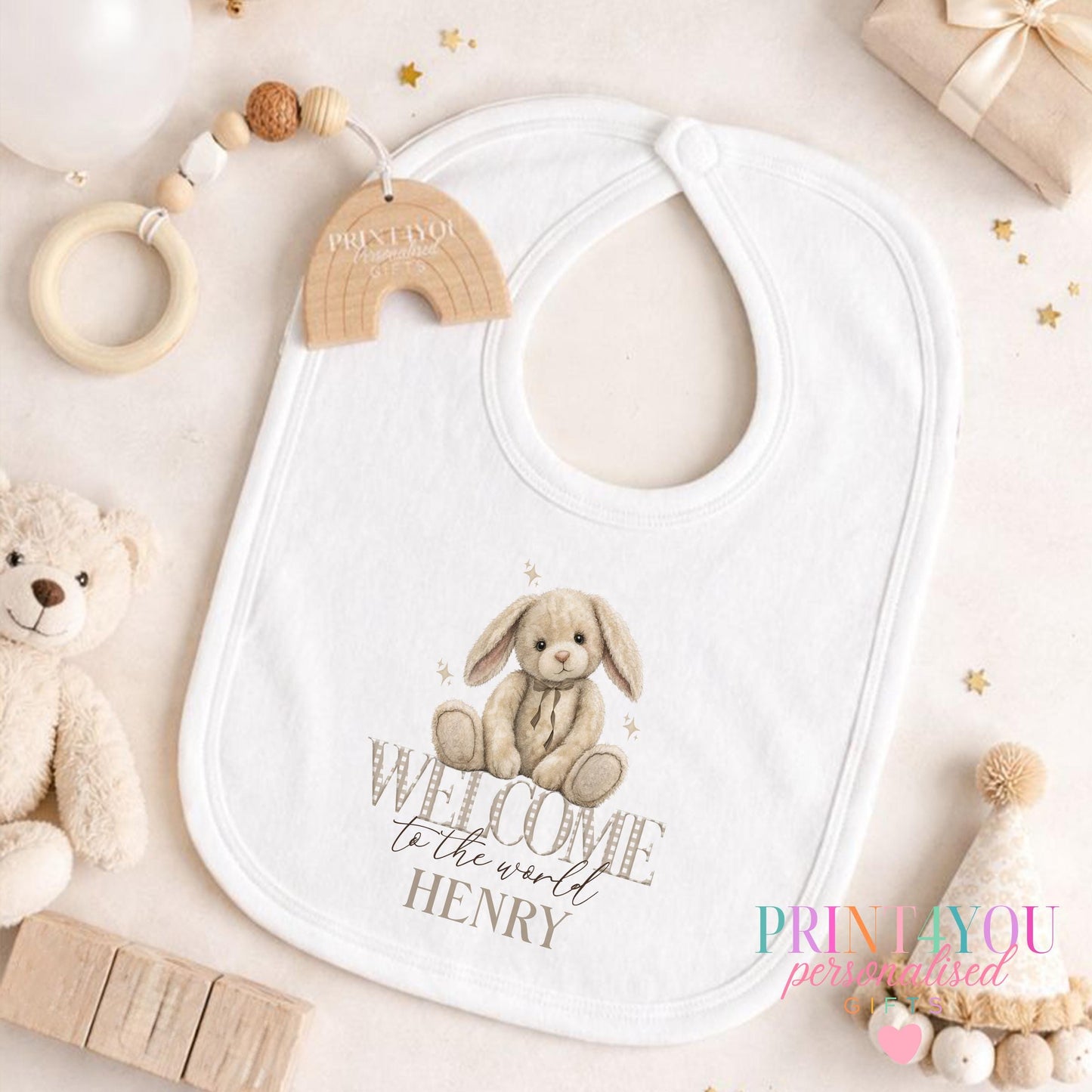 Personalised welcome to the world bunny sleepsuit with custom name printed on the front.