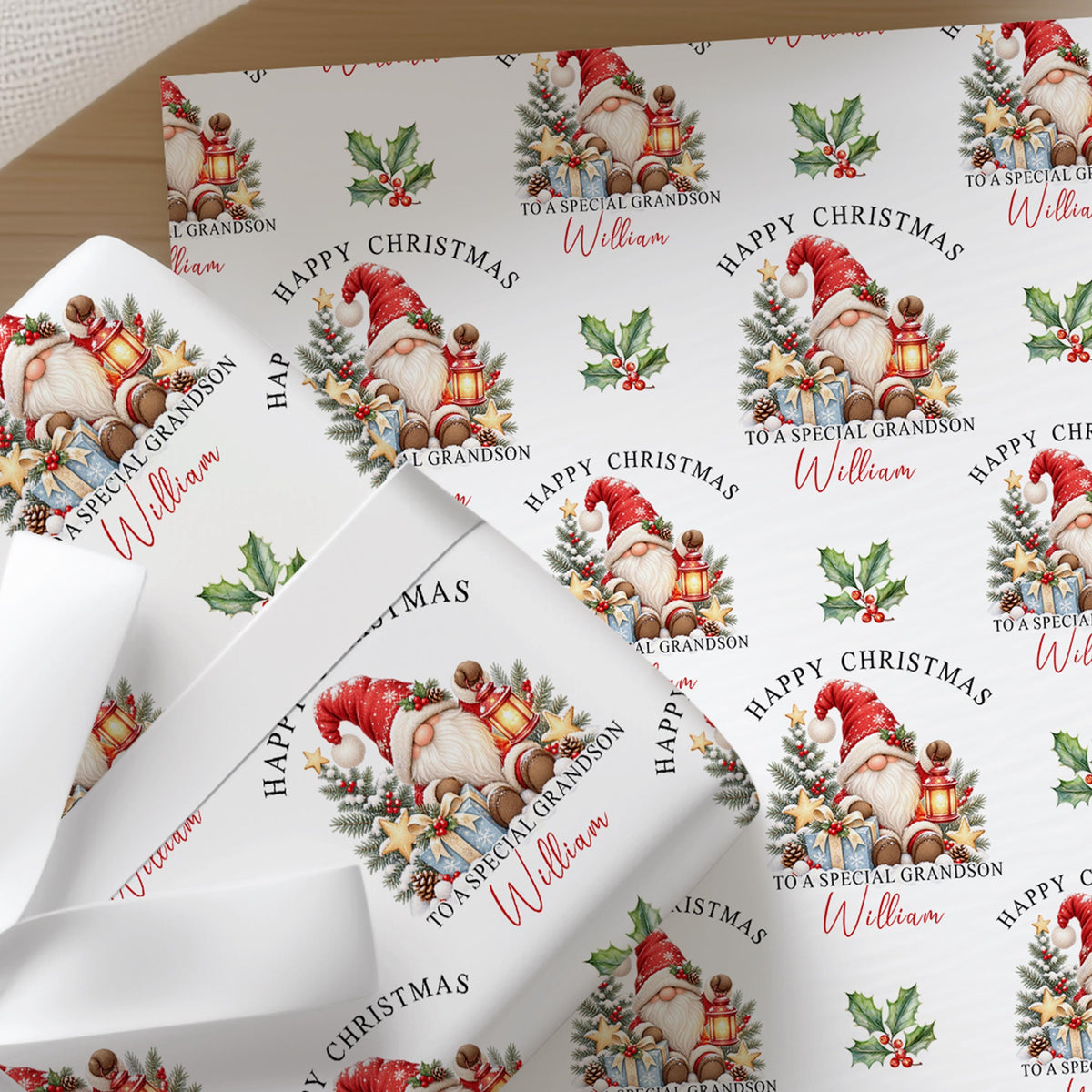 Close up of the personalised gnome Christmas gift wrap showing the repeated design