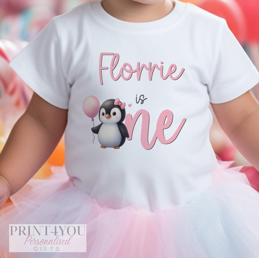Personalised penguin bib with custom baby name and pink balloon penguin print