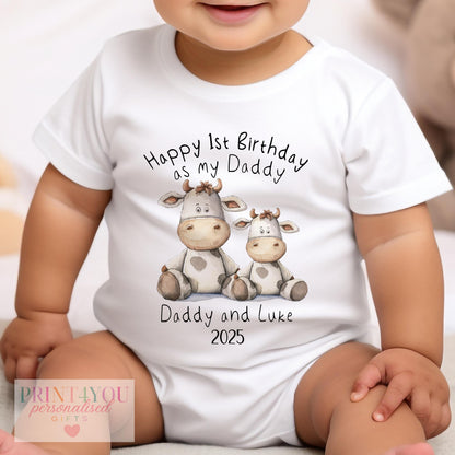 Personalised 'Happy 1st Birthday as my Daddy' sleepsuit, soft cotton printed with the cow design and family name.