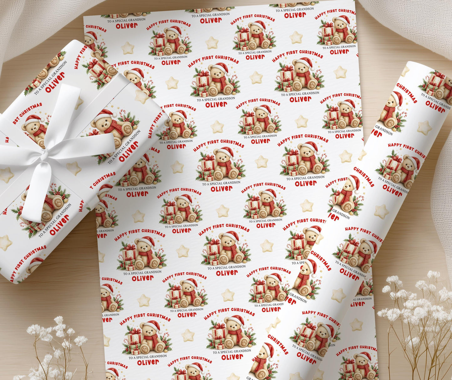 Personalised Baby First Christmas Wrapping Paper, Teddy Bear Gift Wrap
