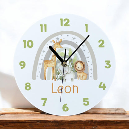 Personalised white gloss acrylic wall clock with grey safari animals design, 24.5cm wide