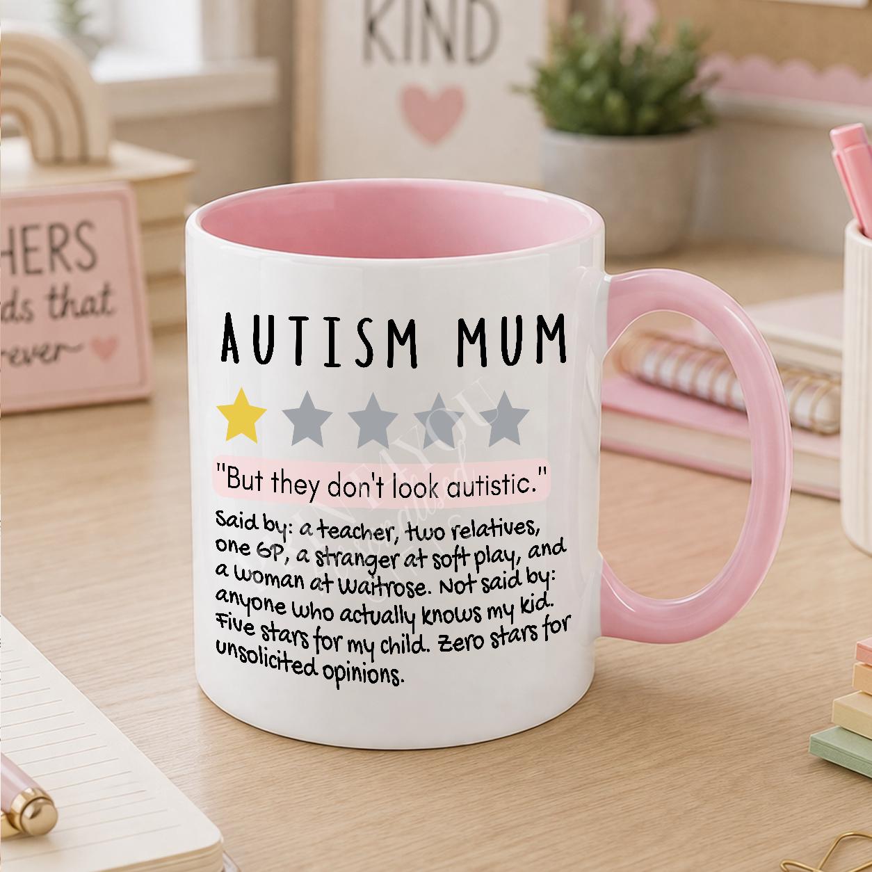 White ceramic mug printed with an autism awareness design for autism mums, personalised with a name