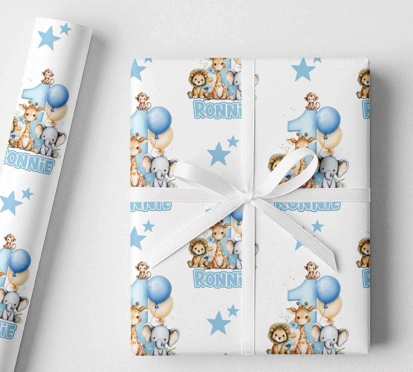 Blue Safari Wrapping Paper – Personalised First Birthday Gift Wrap With Pastel Dots & Balloons
