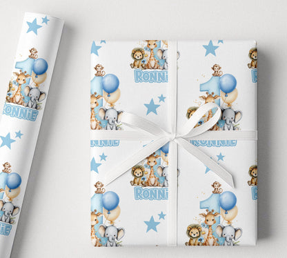 Blue Safari Wrapping Paper – Personalised First Birthday Gift Wrap With Pastel Dots & Balloons