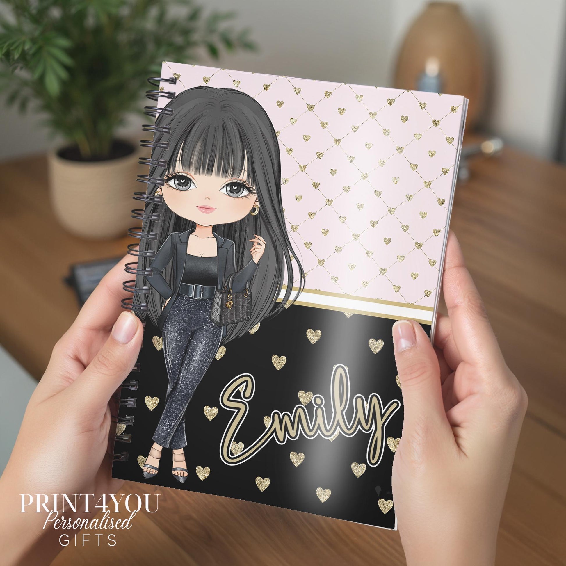 Personalised A5 glam girl spiral notebook, black glitter Girl 1 character design, printed with a custom name
