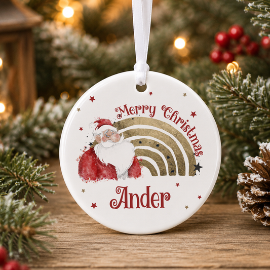 A white Christmas ornament with a Santa Claus image and a rainbow graphic, along with the text "Merry Christmas" and "Ander" printed on it.