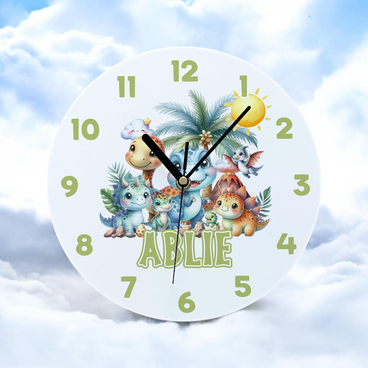 Close-up of the personalised dinosaur acrylic clock face showing UV printed design and clock hands