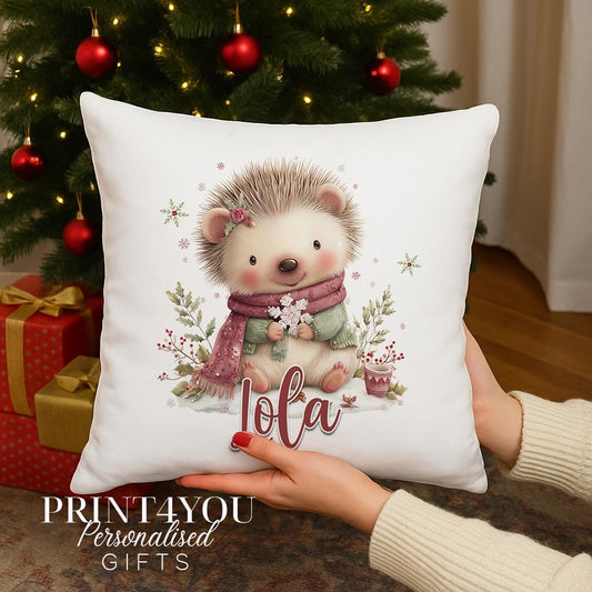 Personalised Christmas Cushion – Cute Hedgehog Pillow – Festive Home Decor Gift - Cushion cover only