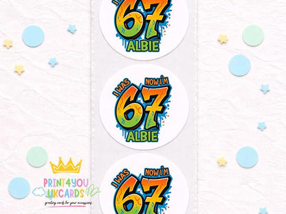 Personalised age 7 birthday stickers in bold graffiti-style lettering, printed on a glossy sticker sheet