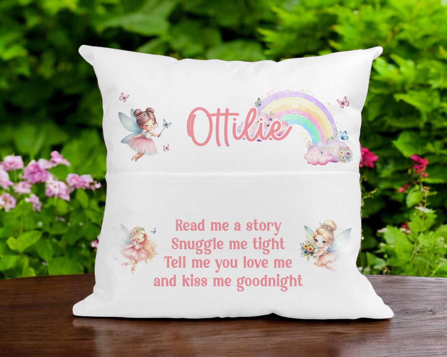 Personalised fairy rainbow book cushion with cover and insert included