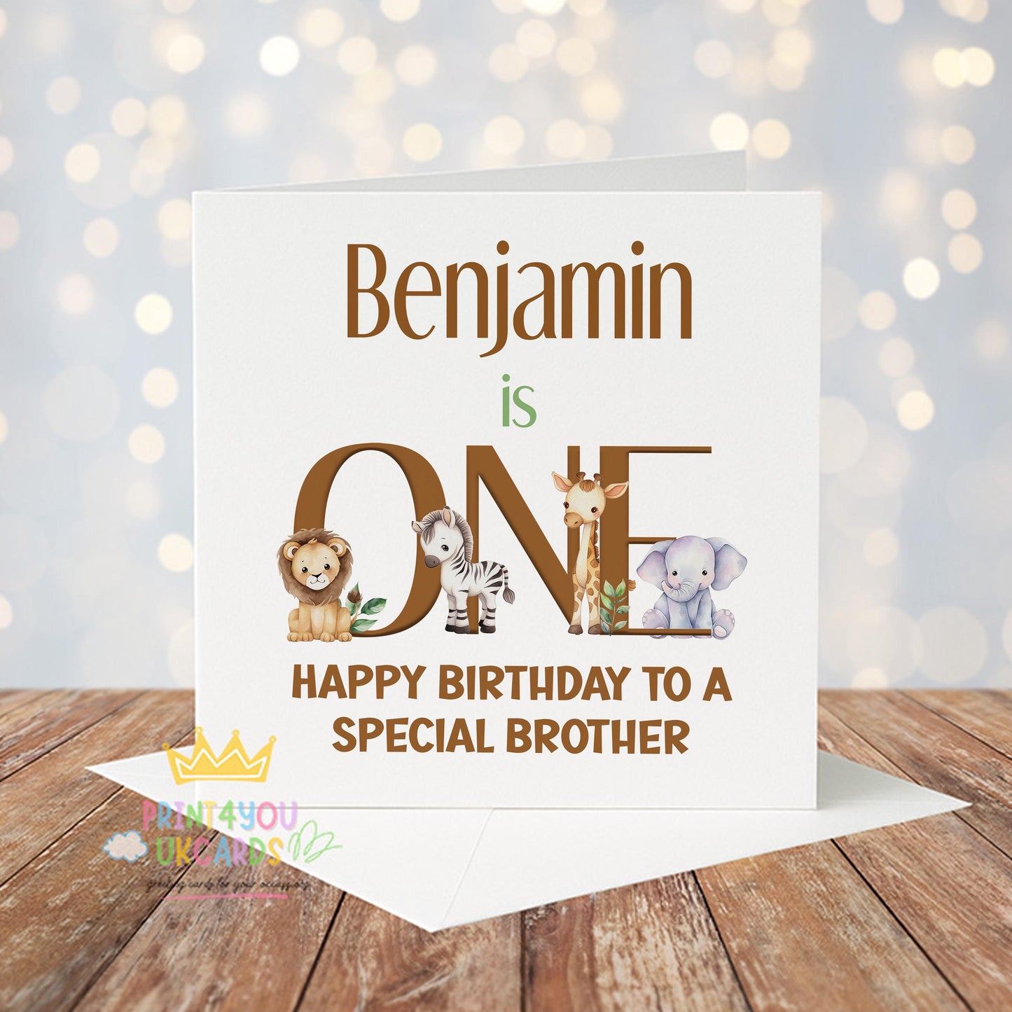 Front view of the personalised safari first birthday card printed on 350gsm card stock.