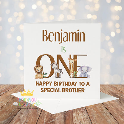 Front view of the personalised safari first birthday card printed on 350gsm card stock.