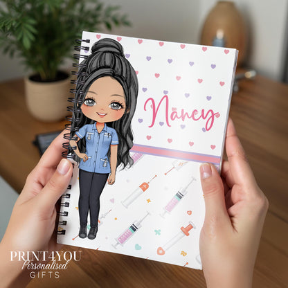 Personalised A5 nurse notebook with spiral binding, printed with a custom name and Nurse 3 character design