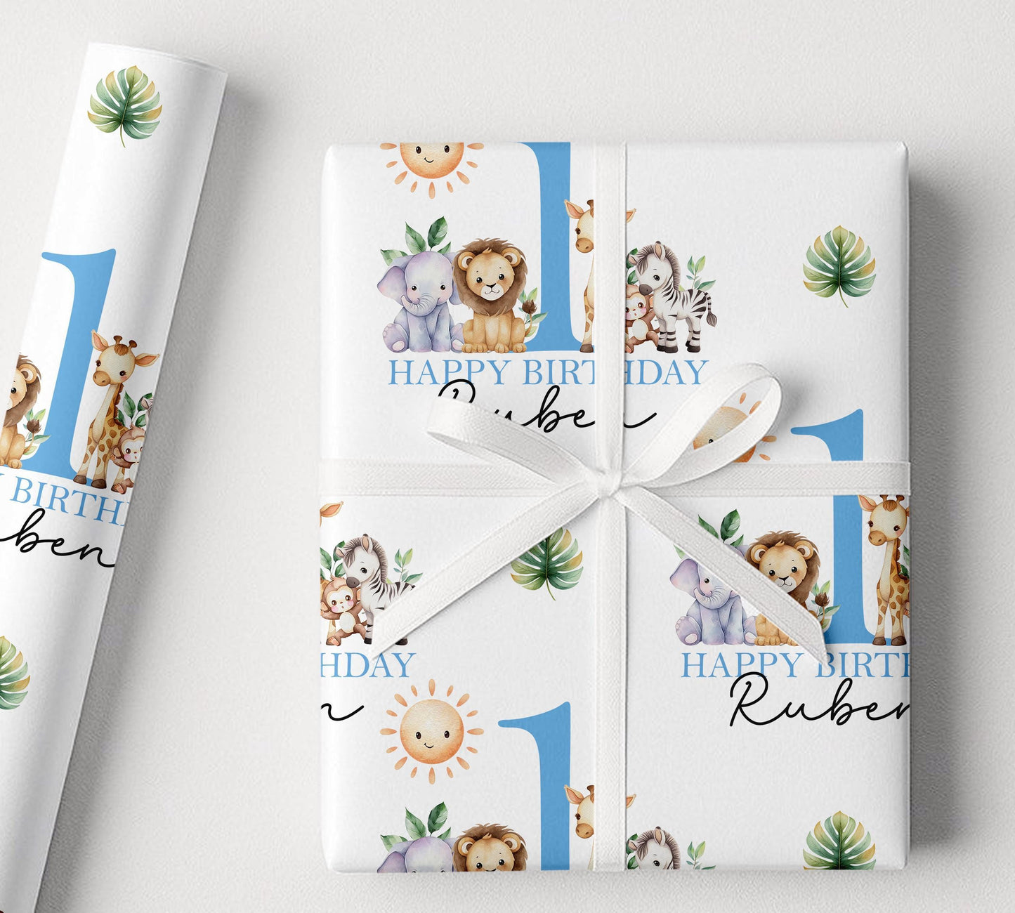 Personalised Safari Birthday Wrap - Blue Jungle Animal Wrapping Paper for Boys’ First Birthday Gifts