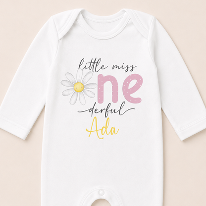 Personalised Little Miss One-derful daisy sleepsuit printed with your baby girl's name.