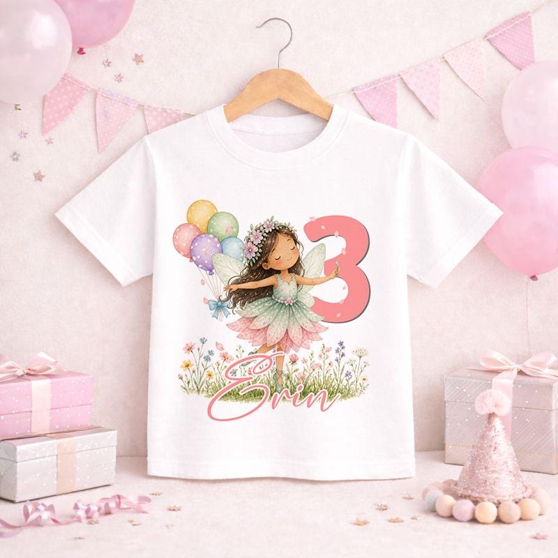 Personalised fairy birthday t-shirt with olive skin fairy design