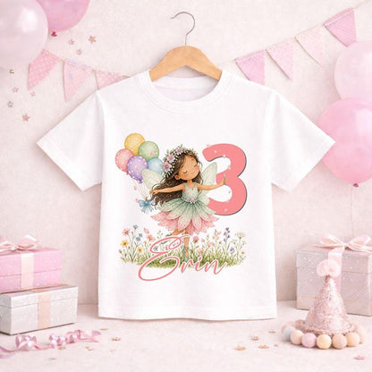Personalised fairy birthday t-shirt with olive skin fairy design