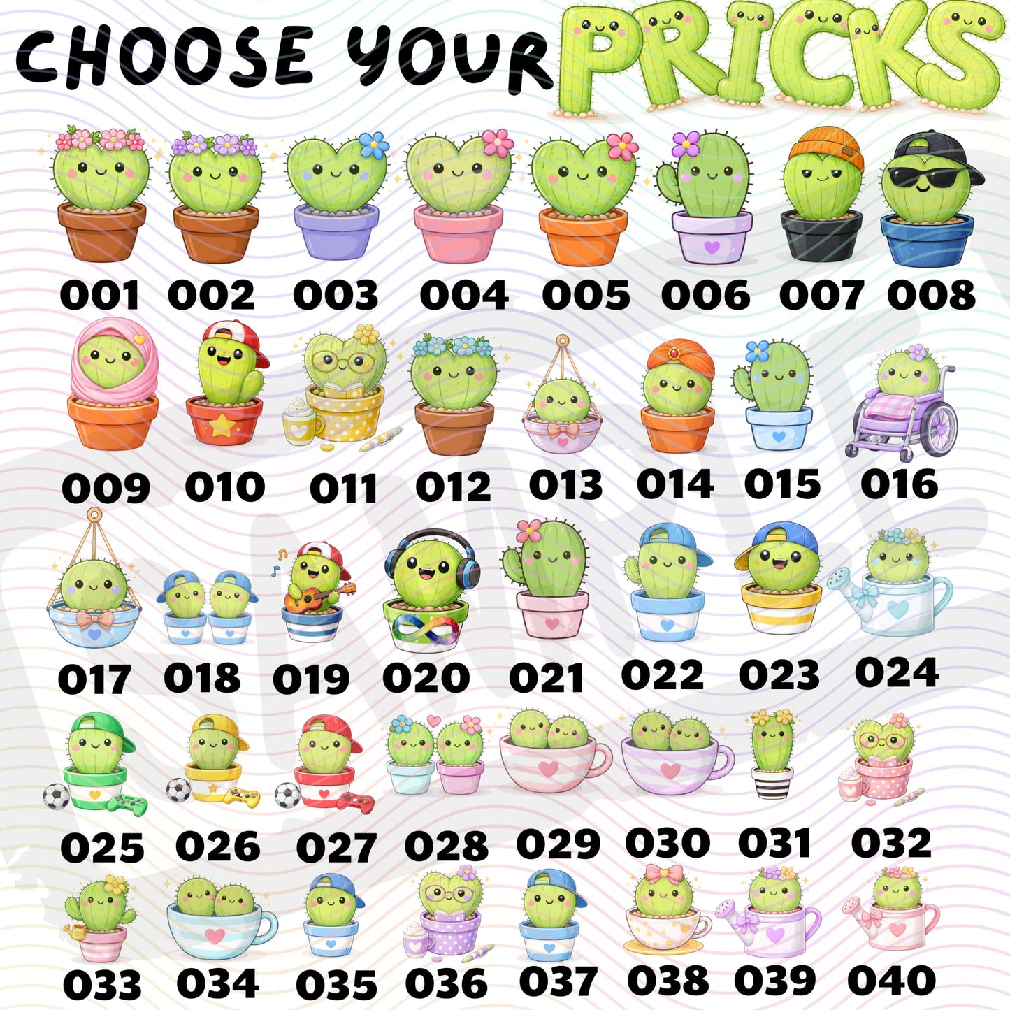 Range of cactus character designs available to personalise the cushion with family names
