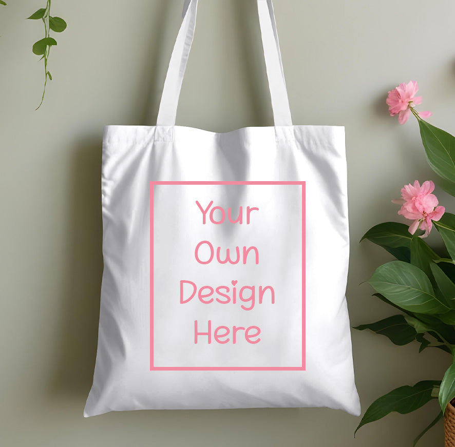 Cotton tote bag mockup showing a custom photo or design printed on the front, illustrating the upload-your-own-design personalisation option