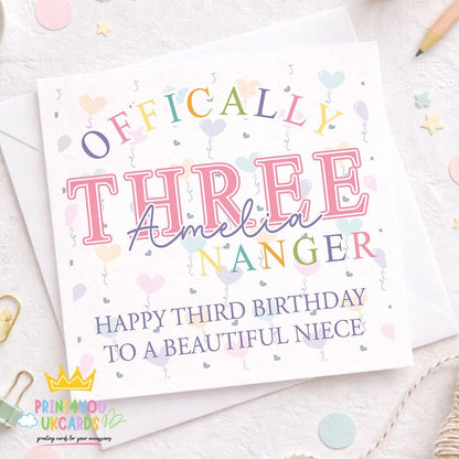 Square personalised third birthday card featuring a colourful design on a plain background