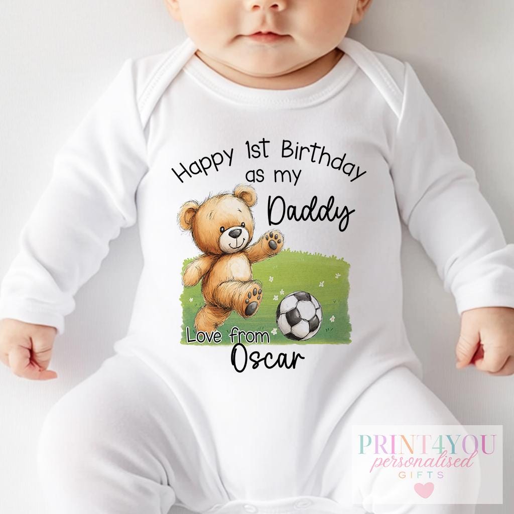 Personalised teddy bear football first birthday vest reading Happy 1st Birthday as my Daddy with baby's name