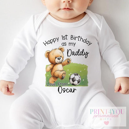 Personalised teddy bear football first birthday vest reading Happy 1st Birthday as my Daddy with baby's name