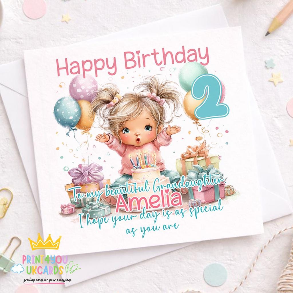 Square Print4You birthday card printed with pink balloons and a birthday cake design, personalised with a girl's name and age.