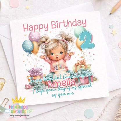 Square Print4You birthday card printed with pink balloons and a birthday cake design, personalised with a girl's name and age.