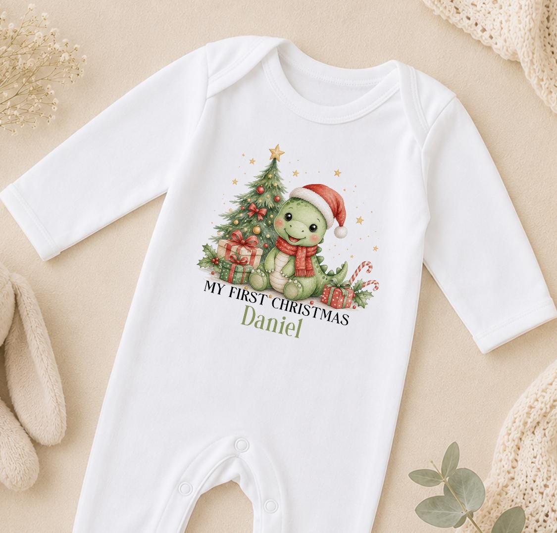 Personalised First Christmas Outfit, Dinosaur Baby Vest, Sleepsuit