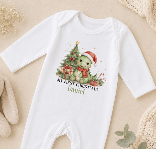 Personalised First Christmas Outfit, Dinosaur Baby Vest, Sleepsuit