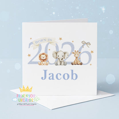 White square greeting card with a lion, elephant and giraffe cub beside the number 2026 and the personalised name Jacob printed below, standing with its envelope.