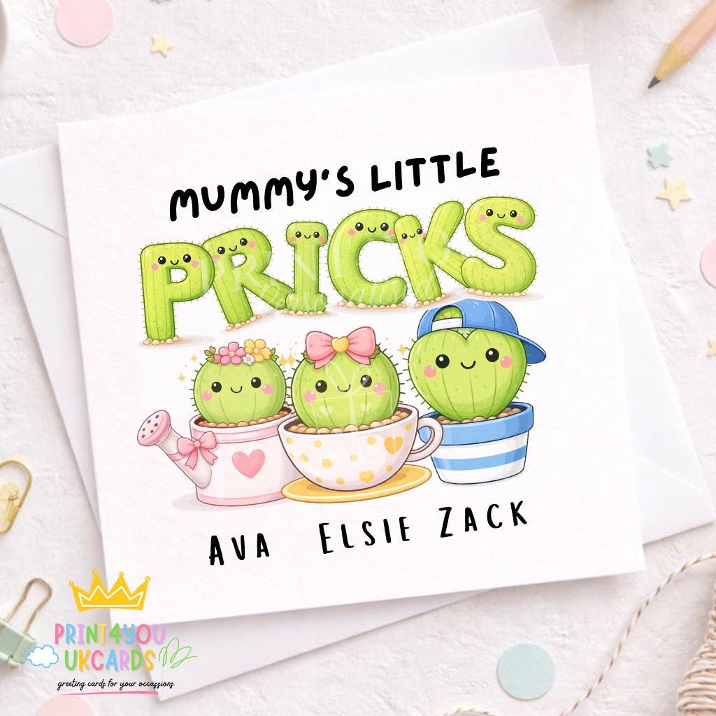 Square personalised Mother's Day card featuring a cheeky cartoon cactus design with space for a name, age and relation
