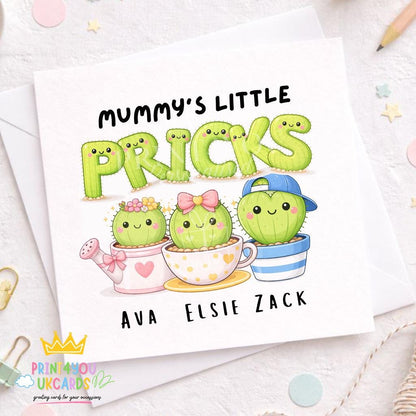 Square personalised Mother's Day card featuring a cheeky cartoon cactus design with space for a name, age and relation