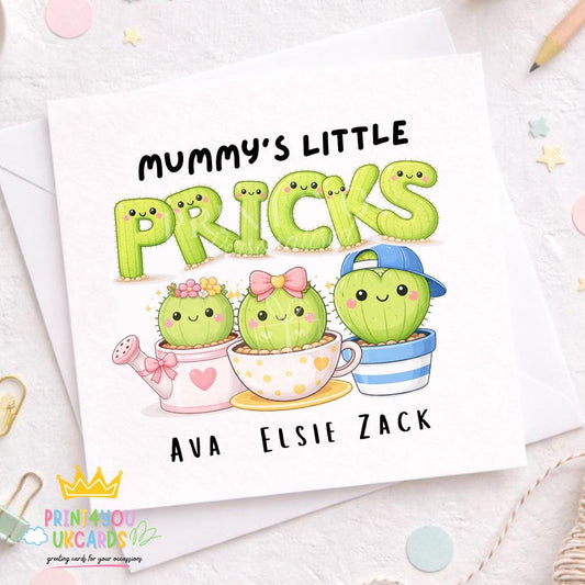 Square personalised Mother's Day card featuring a cheeky cartoon cactus design with space for a name, age and relation