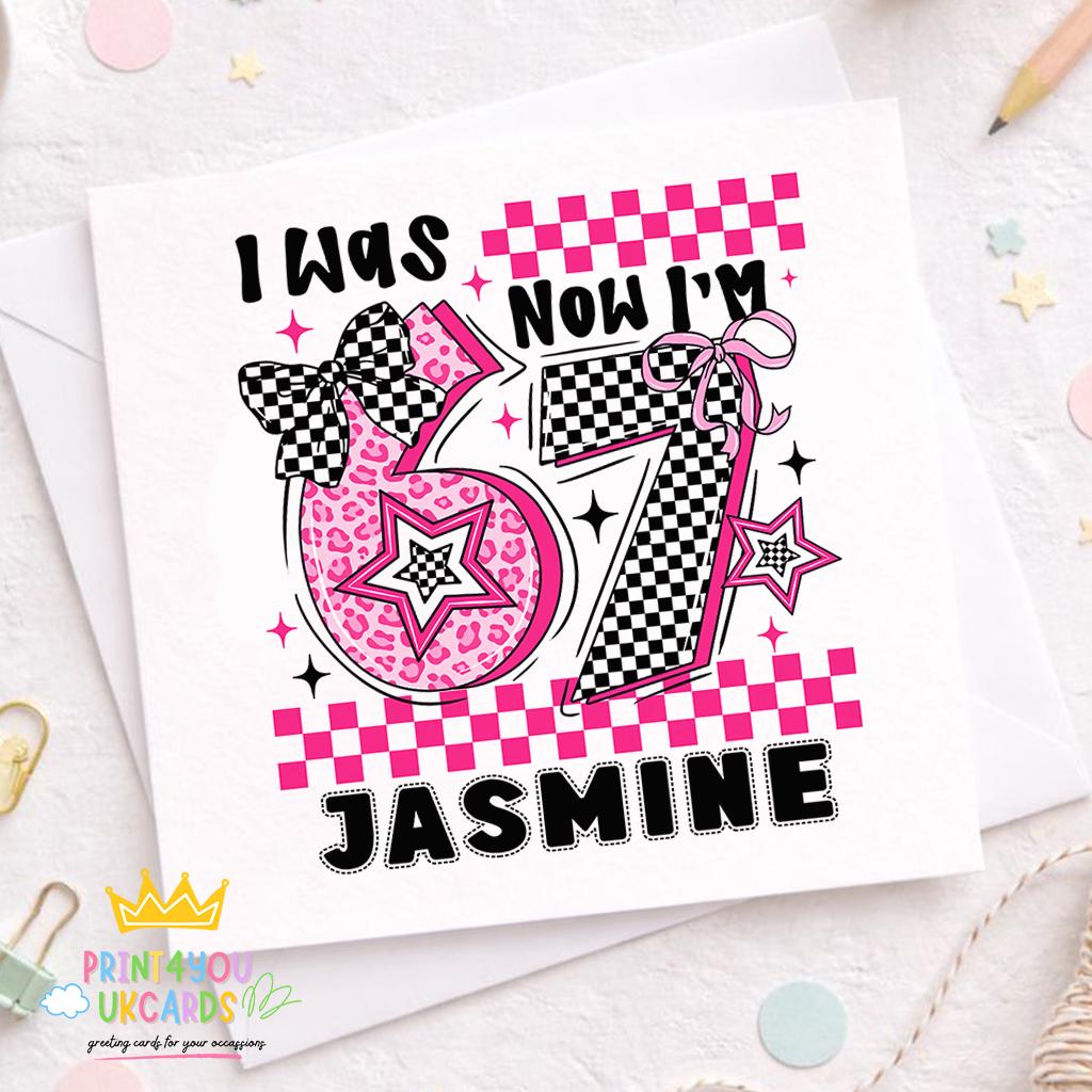Square personalised girls 7th birthday card shown closed