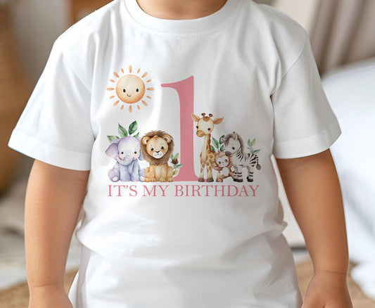 First Birthday Safari T – shirt – It's my Birthday, One Today, Pink Girls T – shirt - 6-12m