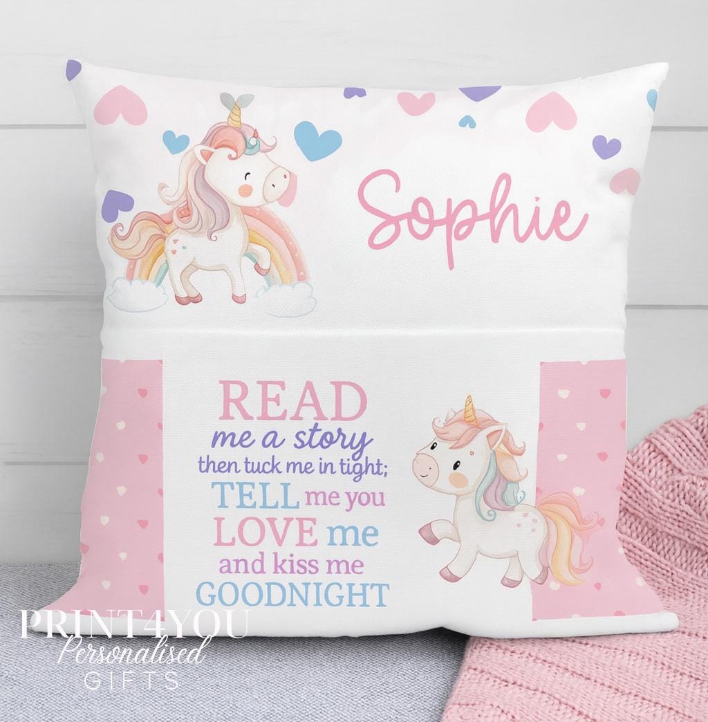 Personalised velvet-feel unicorn story cushion with book pocket and custom name, shown as the cushion cover only