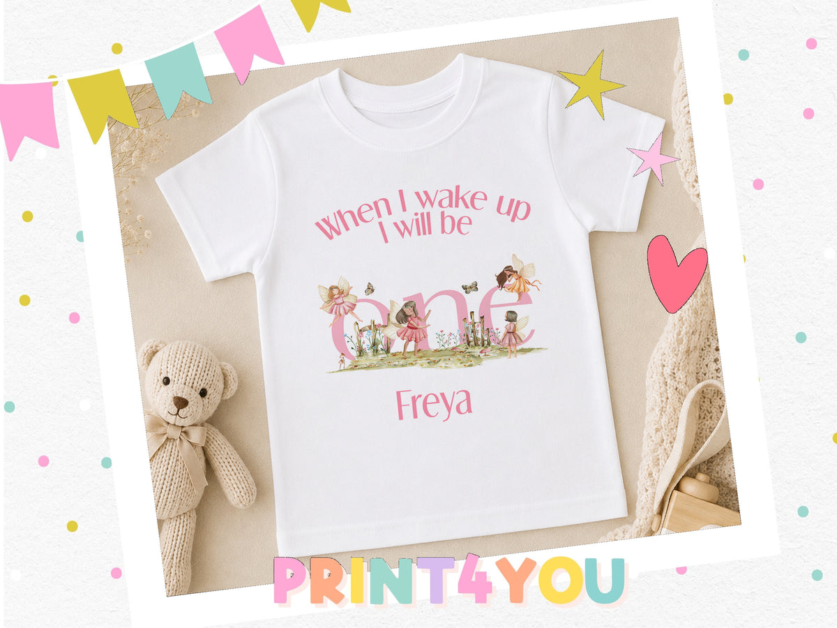 Personalised fairy T-shirt styled with a teddy bear, heart and star decorations and the Print4You banner