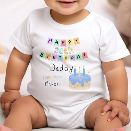 Close-up of the personalised elephant and balloon design on the 'Happy Birthday Daddy' vest.