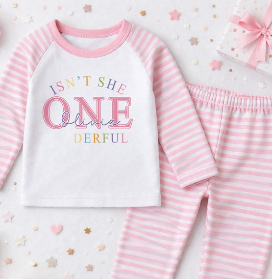 Personalised girls 1st birthday pyjama set with custom name, soft pink cotton