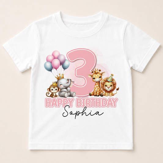 A white t-shirt with a pink number 3 and a birthday message for a child named Sophia.