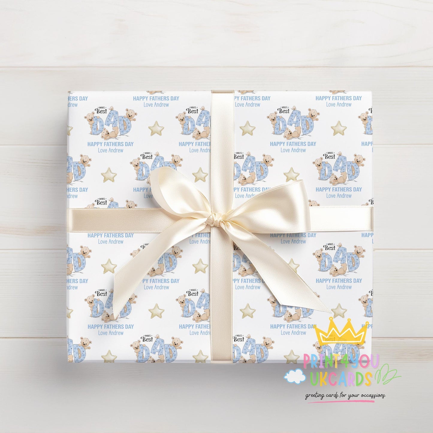 Gift wrapped in the personalised Father's Day teddy bear wrapping paper, ready to give to Dad.