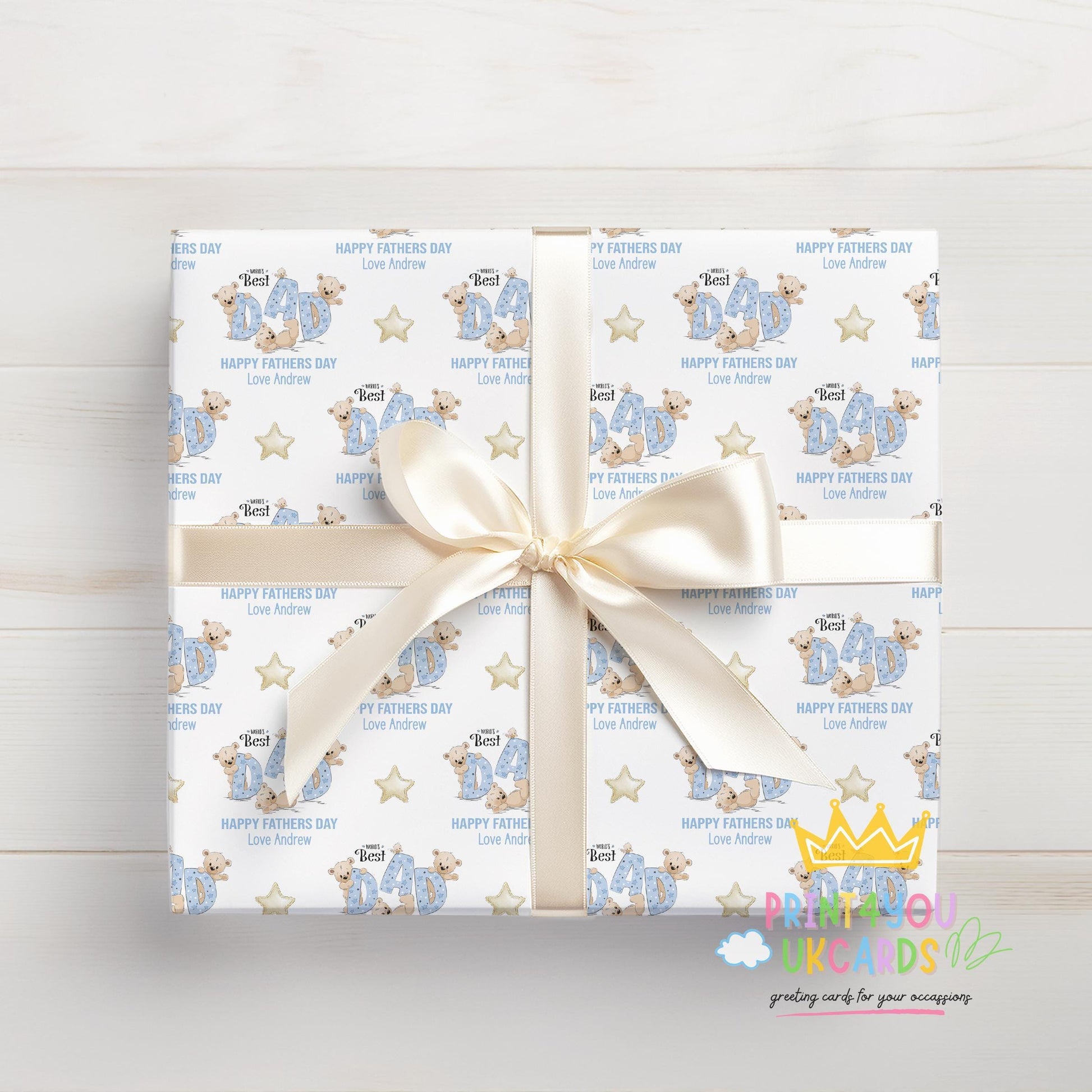 Gift wrapped in the personalised Father's Day teddy bear wrapping paper, ready to give to Dad.